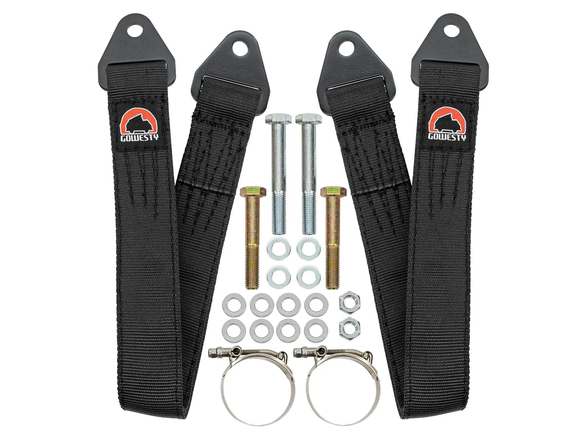 GoWesty rear 23-inch suspension limit strap set for 2WD Vanagon showing black straps with metal hooks.