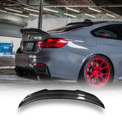 BMW F82 M4 PSM carbon fiber rear spoiler, lightweight CF trunk spoiler by Palenon Performance, highlighting its sleek design.