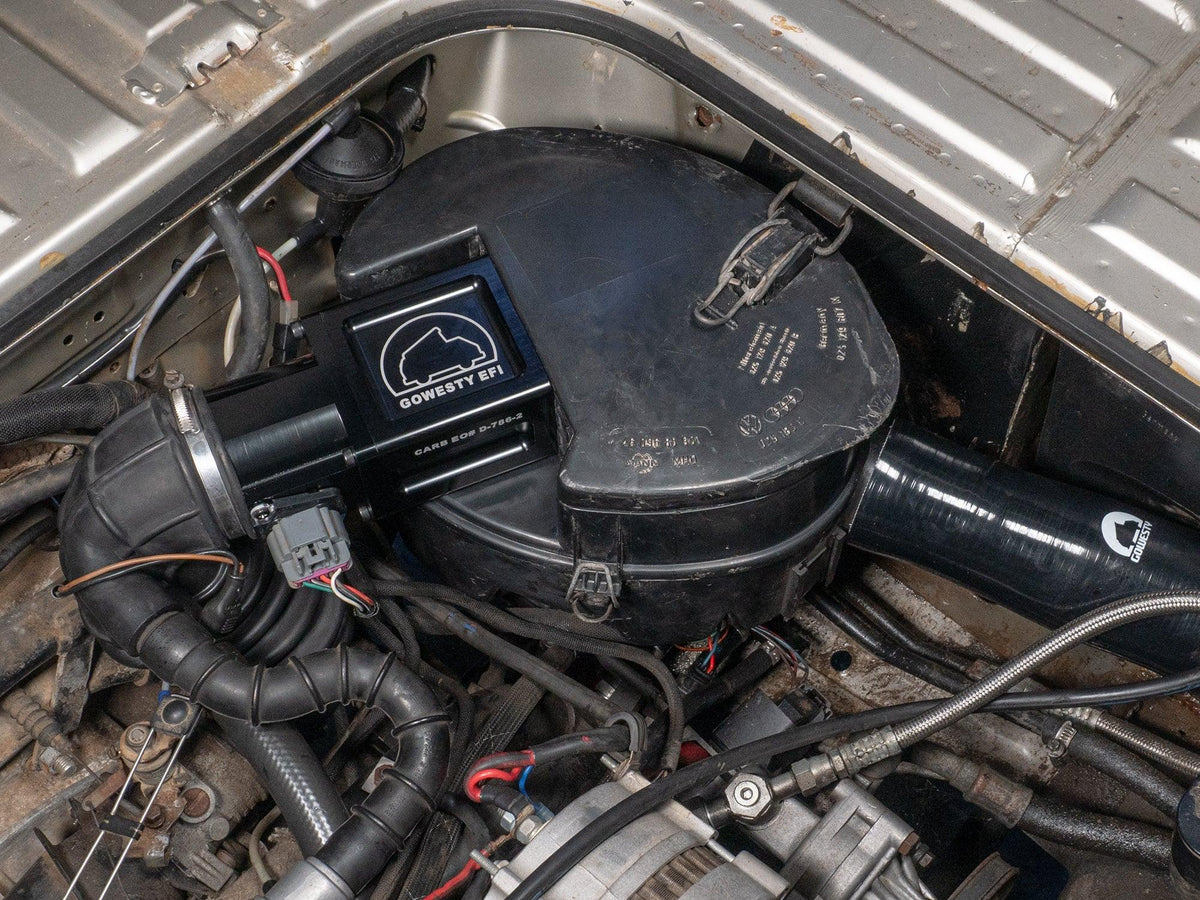 GoWesty MAF Sensor housing installed in air intake system, showing the sensor mounted within the air intake housing for GW-EFI engines.