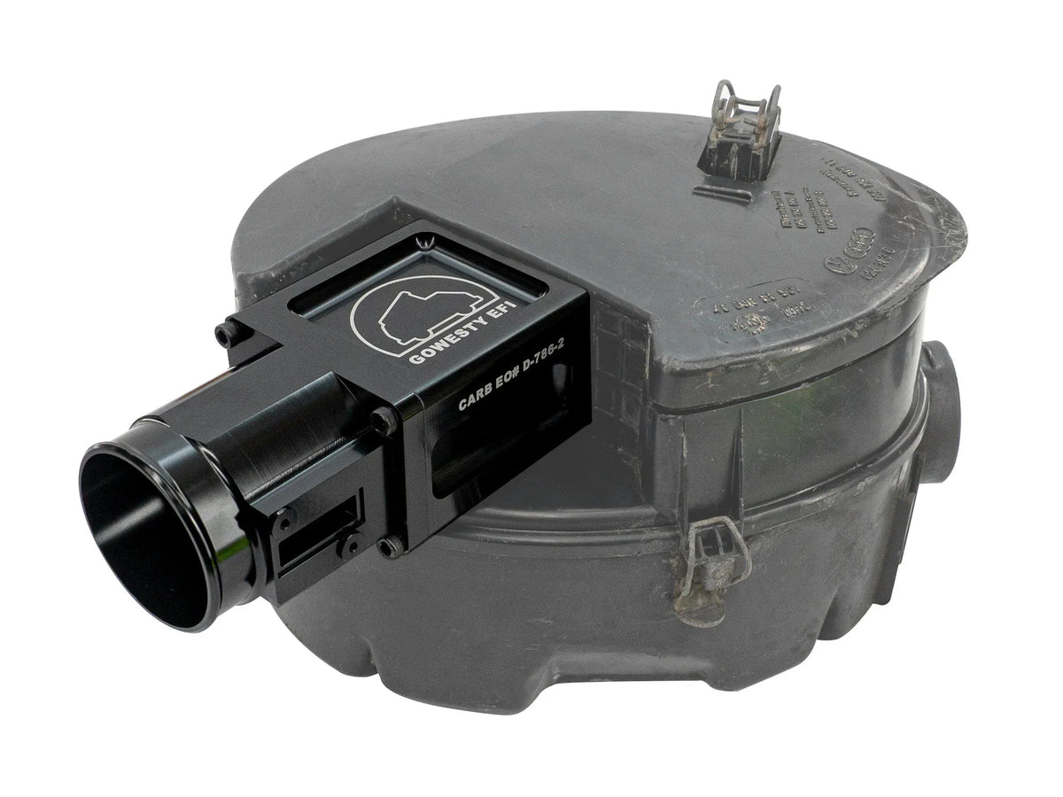 GoWesty MAF Sensor housing for air intake system, shown installed in box with visible mounting and connection points.
