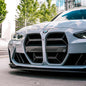 Glossy carbon fiber kidney grille for BMW G80 M3 and G82 M4, designed by Palenon Performance, shown on a sporty front car view.