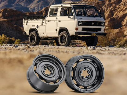 16-inch alloy wheel for Mobelwagen Interceptor bus and Vanagon by GoWesty, shown in a detailed brochure image.