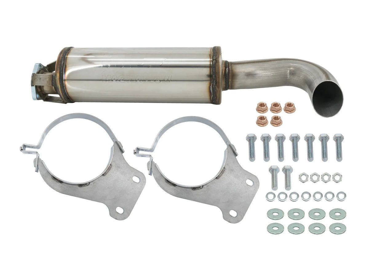 Stainless steel muffler and saddle bundle for Vanagon sport exhaust by GoWesty, showing the exhaust components on a white background.