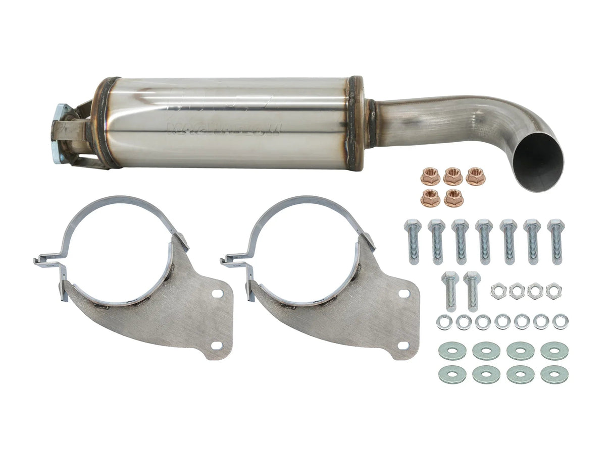 GoWesty stainless muffler and saddle bundle for Vanagon sport exhaust system, 4WD version, with durable metal components.