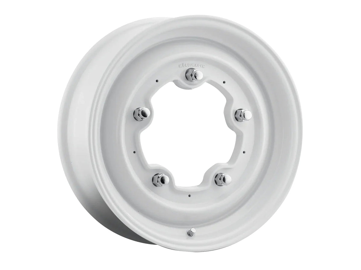 15-inch GoWesty Mobelwagen Smoothie alloy wheel for early bus, featuring a white finish and classic design for vintage vehicle restoration.