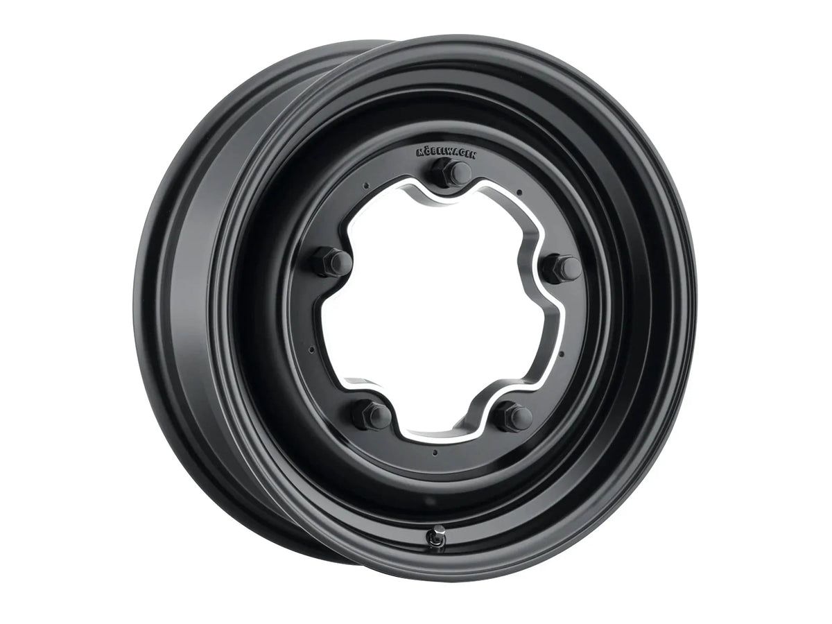Black 15-inch Mobelwagen Smoothie alloy wheel for early bus, featuring GoWesty branding and a sleek, classic design.