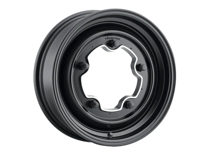 Black 15-inch Mobelwagen Smoothie alloy wheel for early bus, featuring GoWesty branding and a sleek, classic design.