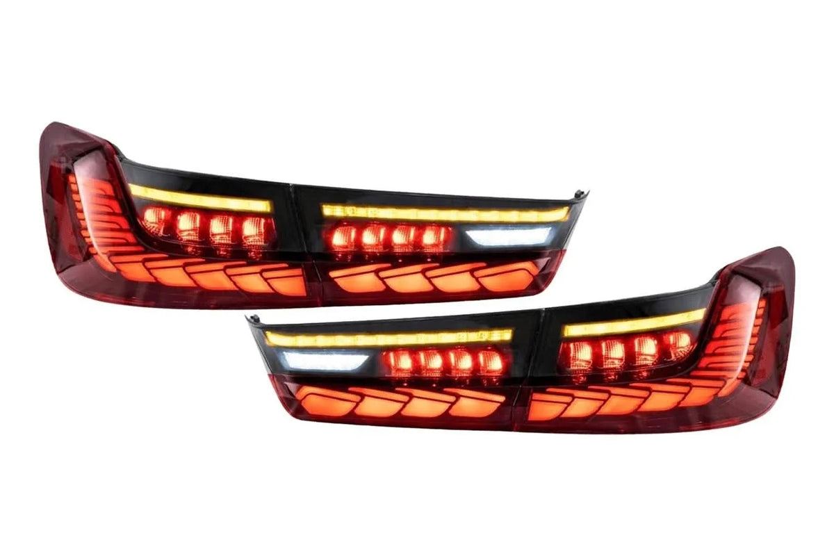 BMW 3-Series G20/G28/G80 tail lights with dragon scale style design by K2 Industries, shown on a 2019-2024 model.