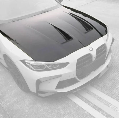 K2 Industries carbon fiber front hood for BMW 3 Series G80/G81 M3 and 4 Series G82/G83 M4, lightweight and aerodynamic design.