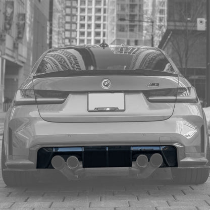 BMW 3 Series G80 M3 G82 G83 M4 Euro version carbon fiber rear diffuser by K2 Industries, shown in black with textured surface.