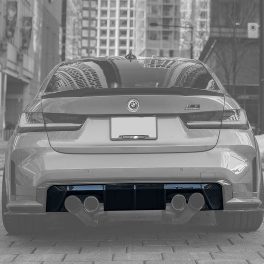 BMW 3 Series G80 M3 G82 G83 M4 Euro version carbon fiber rear diffuser by K2 Industries, shown in black with textured surface.