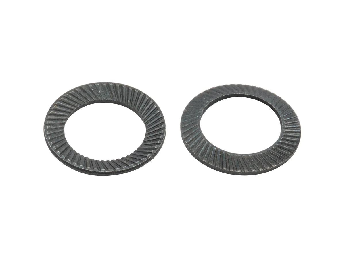 Set of six GoWesty serrated lock washers for axle bolts, showing the textured, circular washers with serrated edges.