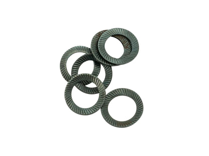 Set of six GoWesty serrated lock washers for axle bolts, featuring durable metal construction and serrated edges for secure fastening.