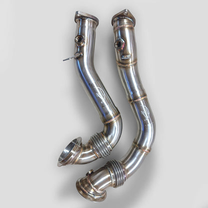 Palenon Performance N54 racing downpipe for BMW 1M, 135i, 335i, 335is, 335Xi, shown in black metal with mounting details.