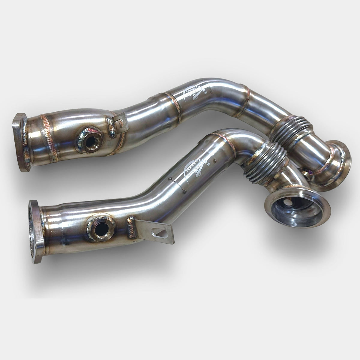 Palenon Performance N54 racing downpipe for BMW 1M, 135i, 335i, 335is, and 335xi models, shown in black metal with flange connection.