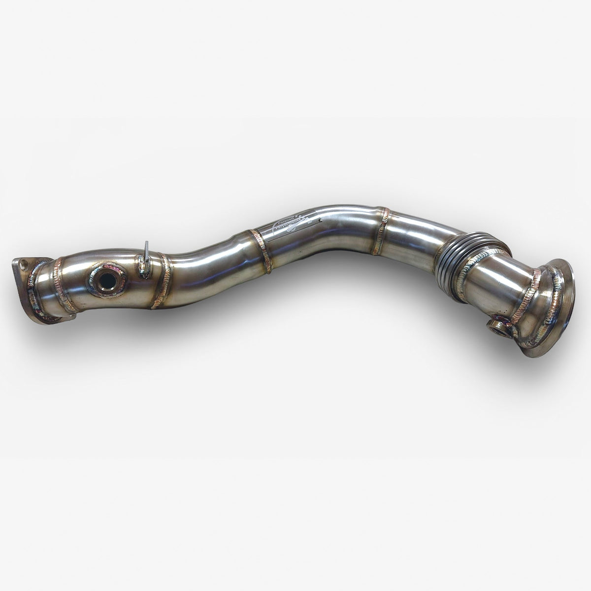 Palenon Performance N54 racing downpipe for BMW 1M, 135i, 335i, 335is, 335xi, shown in black metal with flanges and tubing.