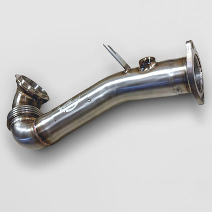 Palenon Performance N54 racing downpipe for BMW 1M, 135i, 335i, 335is, and 335xi, shown in black metal with flanged ends.