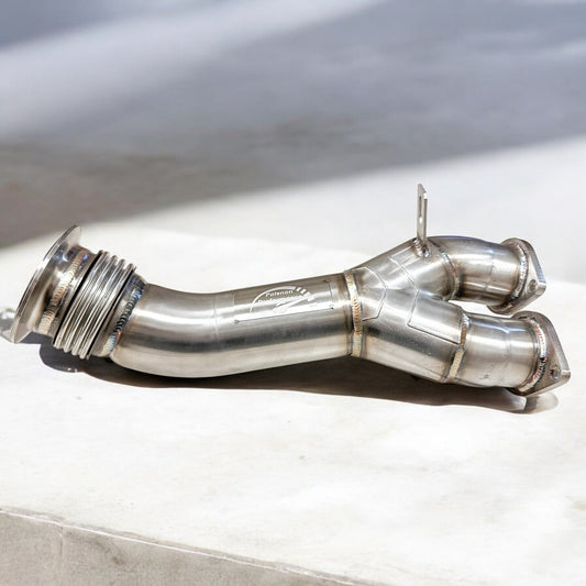BMW N55 catless downpipe by Palenon Performance for E82 135i, E9X 335i, and E84 X1, showing the metal exhaust component.