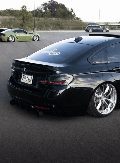BMW 4 Series LED tail lights by K2 Industries with double dragon scale black design for F32 F36 F82 F33 F83 models (2013-2018).