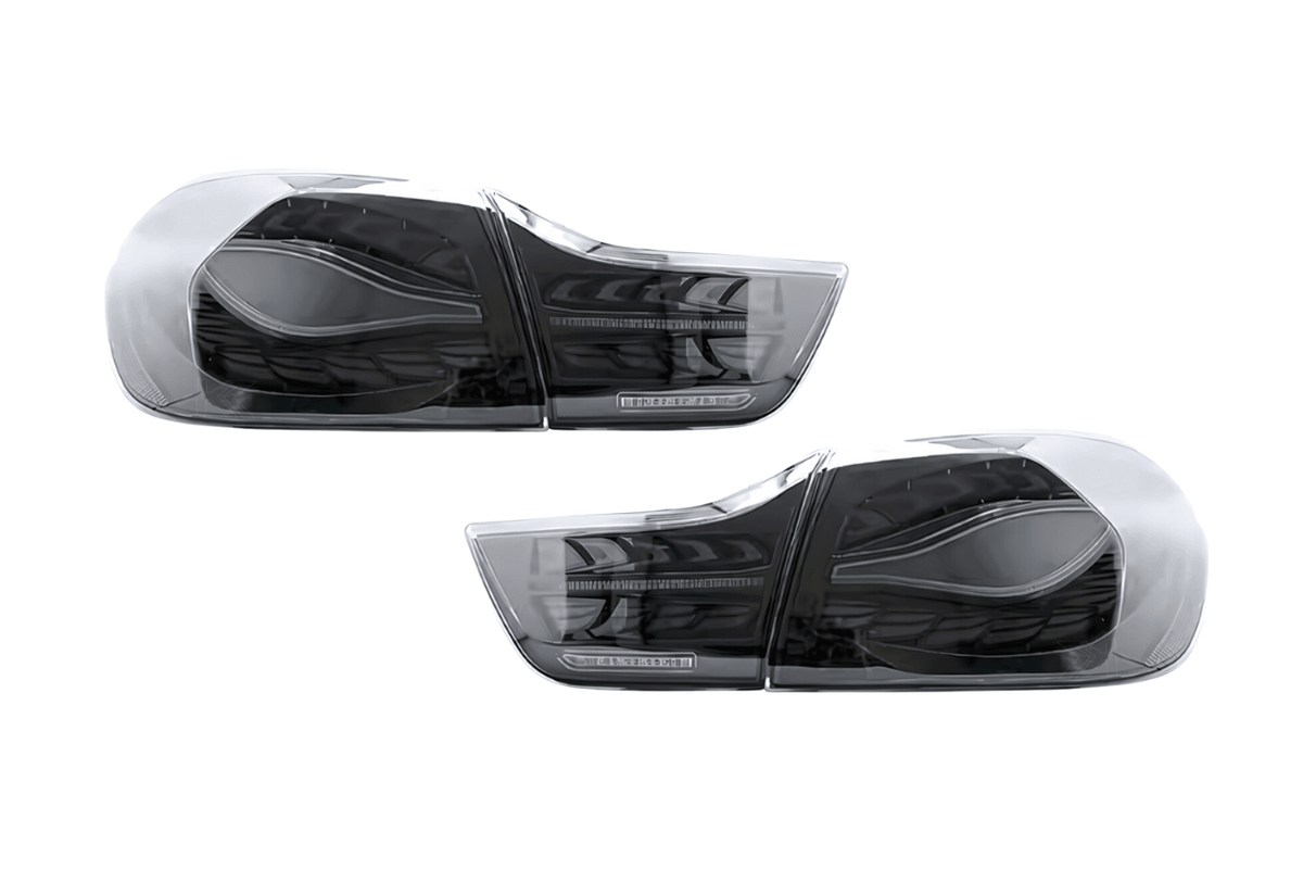 BMW F32 F36 F82 F33 F83 4 Series black LED tail lights with double dragon scale design, by K2 Industries, from 2013 to 2018.