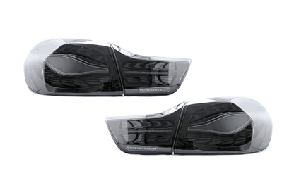 BMW F32 F36 F82 F33 F83 4 Series black LED tail lights with double dragon scale design, by K2 Industries, from 2013 to 2018.