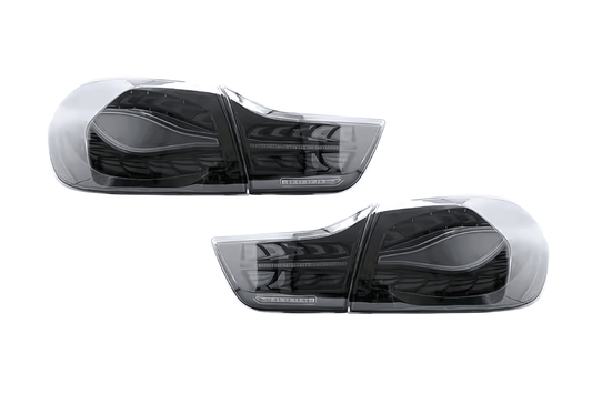 BMW F32 F36 F82 F33 F83 4 Series black LED tail lights with double dragon scale design, by K2 Industries, from 2013 to 2018.