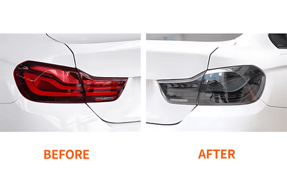 BMW F32 F36 F82 F33 F83 4 Series black LED tail lights with double dragon scale design by K2 Industries, for 2013-2018 models.