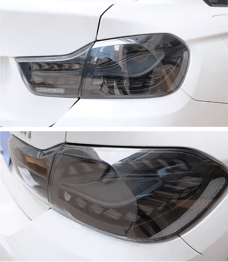 BMW 4 Series F32 F36 F82 F33 F83 black LED tail lights with double dragon scale design by K2 Industries, installed on the vehicle.