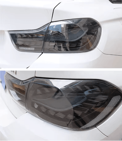 BMW 4 Series F32 F36 F82 F33 F83 black LED tail lights with double dragon scale design by K2 Industries, installed on the vehicle.