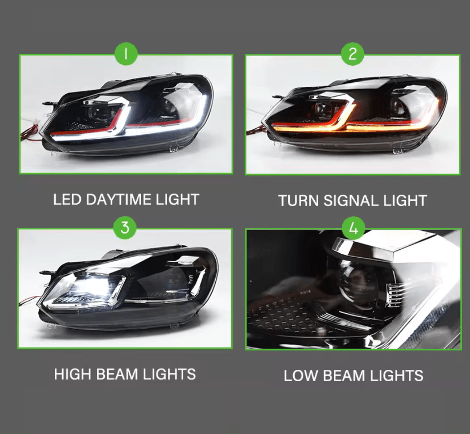 K2 Industries Volkswagen Golf MK6 projector headlights with dynamic LED signal lights in red, silver, and black for 2009-2013.