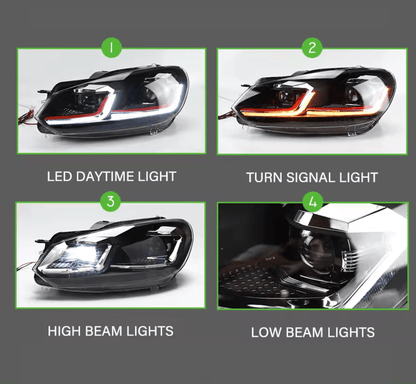 K2 Industries Volkswagen Golf MK6 projector headlights with dynamic LED signal lights in red, silver, and black for 2009-2013.