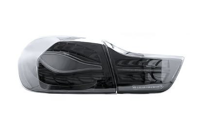 BMW 4 Series LED tail lights by K2 Industries in double dragon scale black for F32, F36, F82, F33, F83 models (2013-2018).