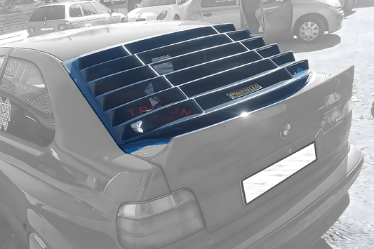 Black BMW E36 Compact Series 3 windshield louvers by K2 Industries, designed for 1992-1999 models, shown in a photo.