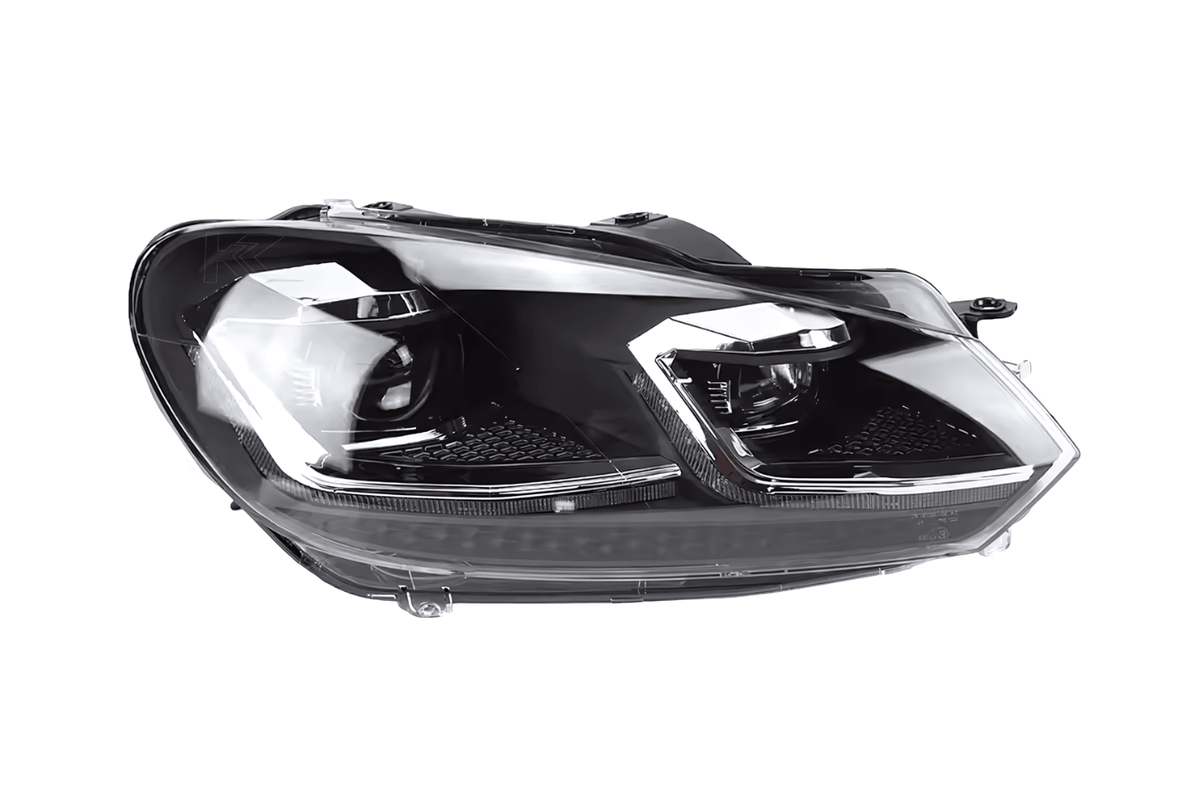 Volkswagen Golf MK6 headlights by K2 Industries with red, silver, black projector lenses and dynamic signal LED lights, 2009-2013