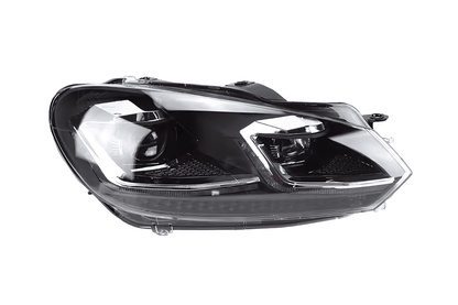 Volkswagen Golf MK6 headlights by K2 Industries with red, silver, black projector lenses and dynamic signal LED lights, 2009-2013