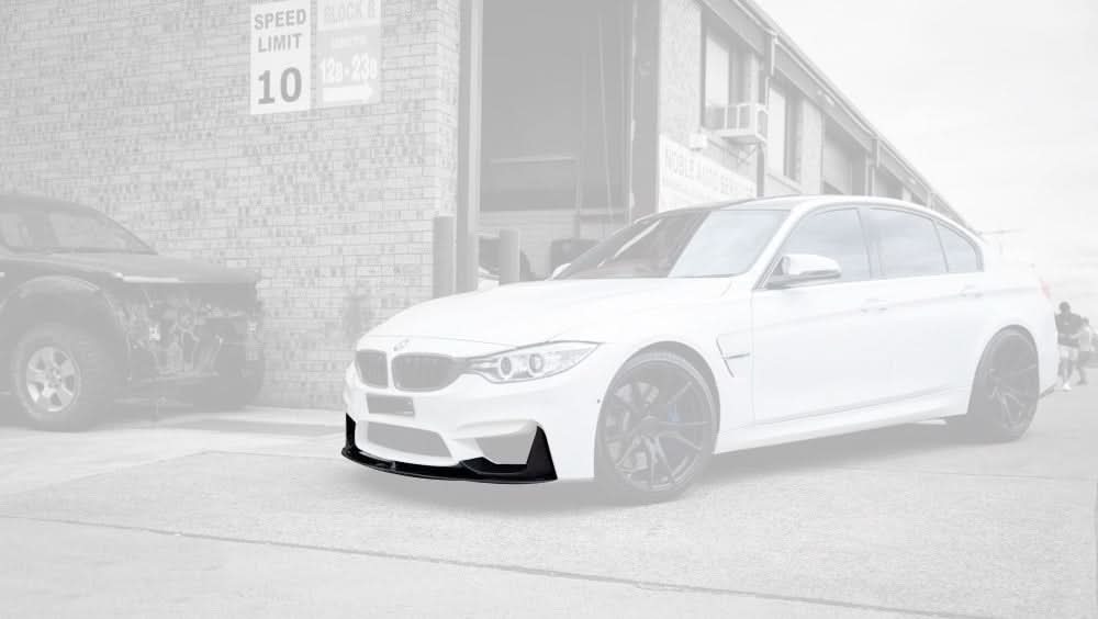 Carbon fiber front lip splitter set for BMW F80 M3 and F82 F83 M4 by K2 Industries, showcasing three-piece dry carbon design.