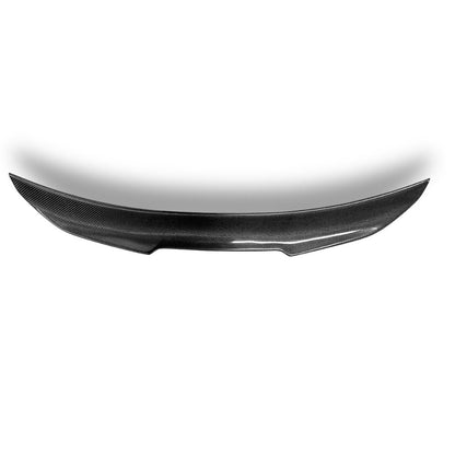BMW E92 carbon fiber trunk spoiler by Palenon Performance, showcasing sleek, aerodynamic design on a black car.