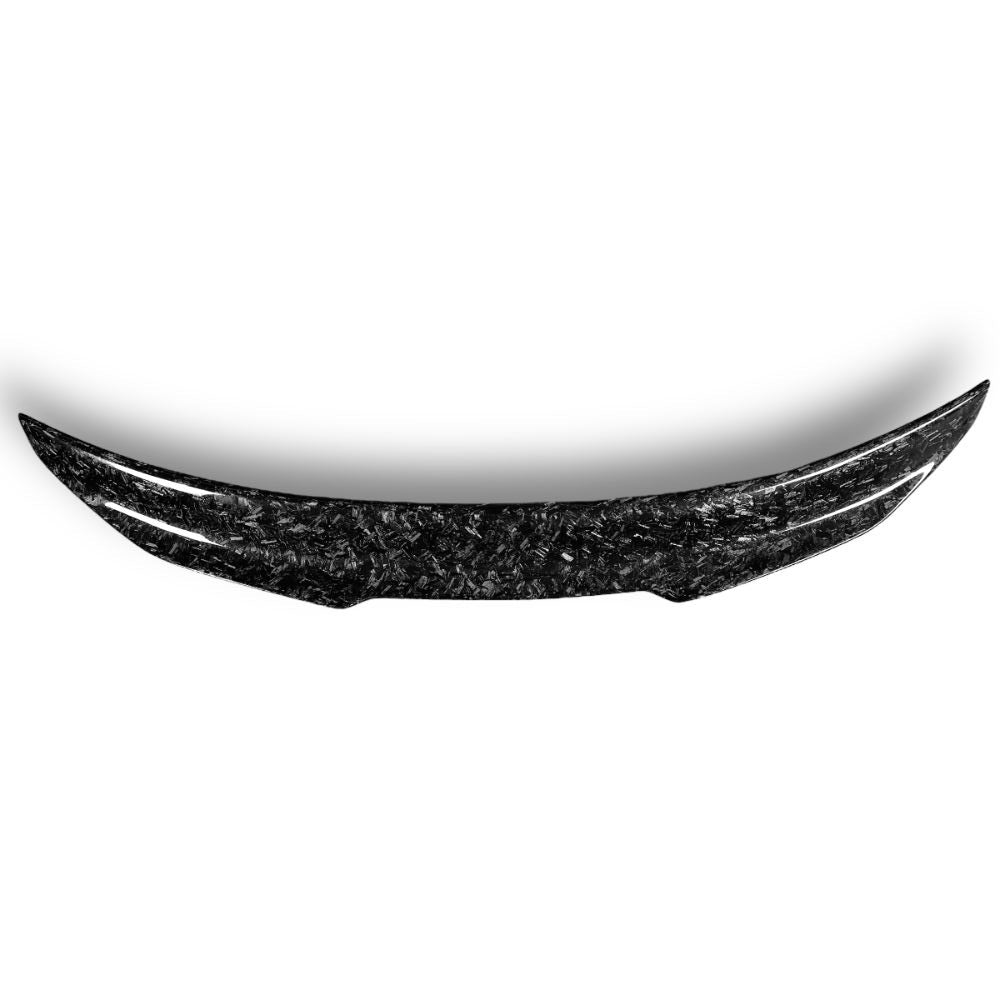 Forged carbon BMW F82 M4 PSM trunk spoiler by Palenon Performance, shown mounted on the vehicle with sleek, aerodynamic design.