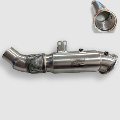 Palenon Performance 5 Inch B58 Downpipe for BMW and Toyota Supra, showing shiny metal exhaust pipe with flanges and welds.