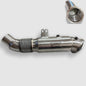 Palenon Performance 5 Inch B58 Downpipe for BMW and Toyota Supra, showing shiny metal exhaust pipe with flanges and welds.