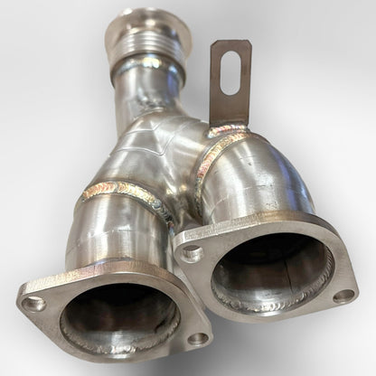 BMW N55 catless downpipe from Palenon Performance for E82 135i, E9X 335i, and E84 X1, showing the stainless steel pipe and flanges.
