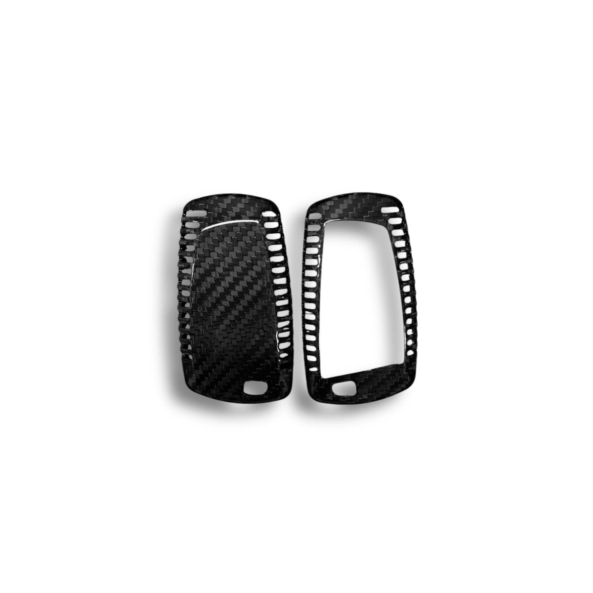 BMW X5, X6, X1 carbon fiber key cover by Palenon Performance, showing sleek black textured design on a car key.