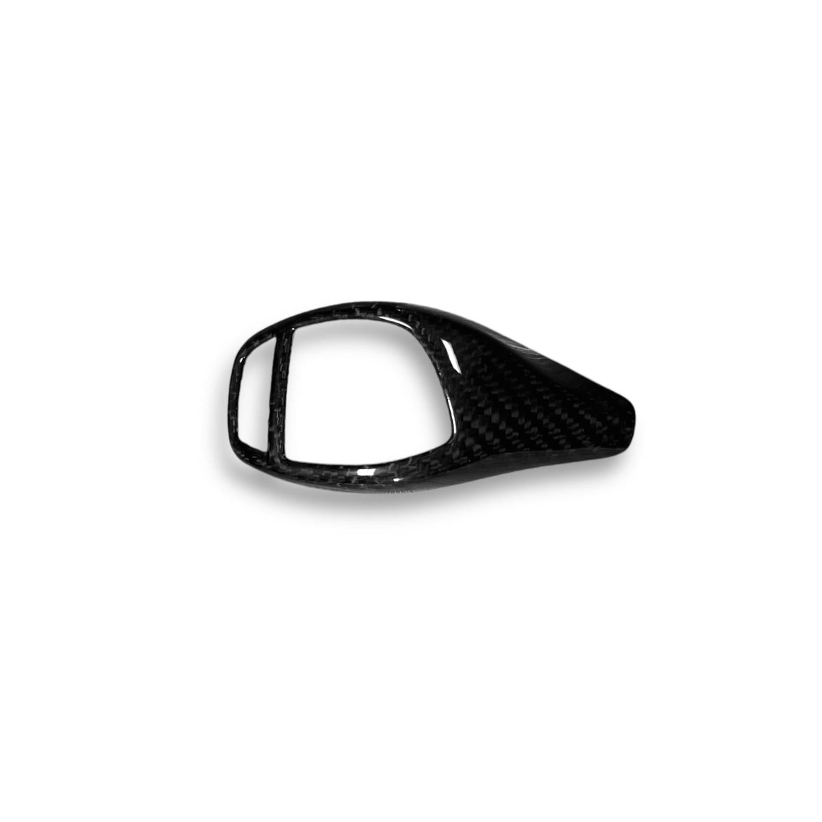 BMW F Series carbon fiber shift knob cover by Palenon Performance, showcasing sleek black carbon fiber with textured finish.