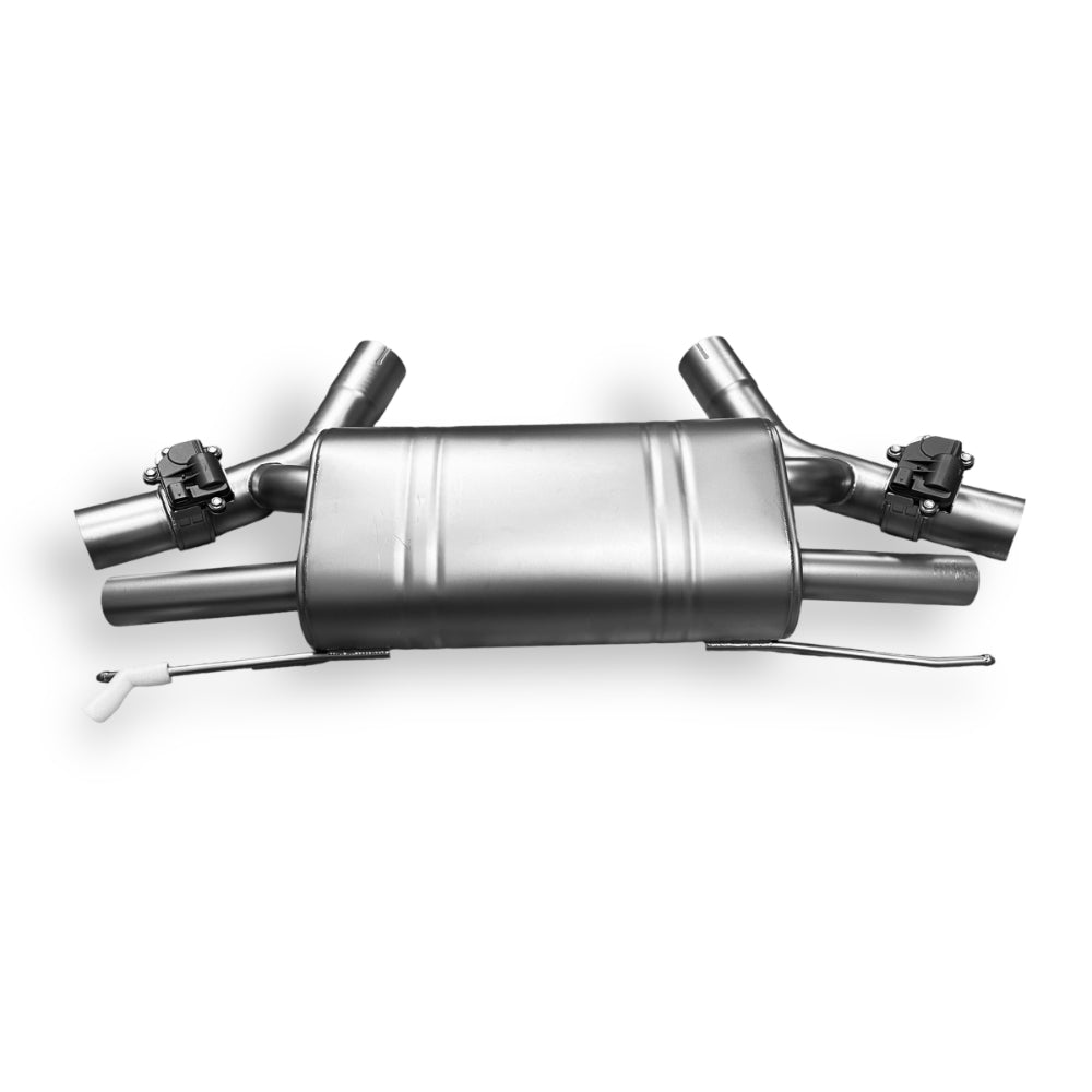 Palenon Performance B58 BMW G22 M440i and G20 M340i catback exhaust, shiny metallic finish, showcasing sleek design and dual tailpipes.