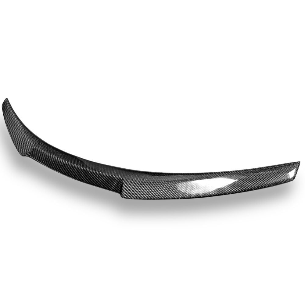Carbon fiber BMW F87 M2 and F22 V Style trunk spoiler from Palenon Performance, highlighting its aerodynamic design and sleek finish.