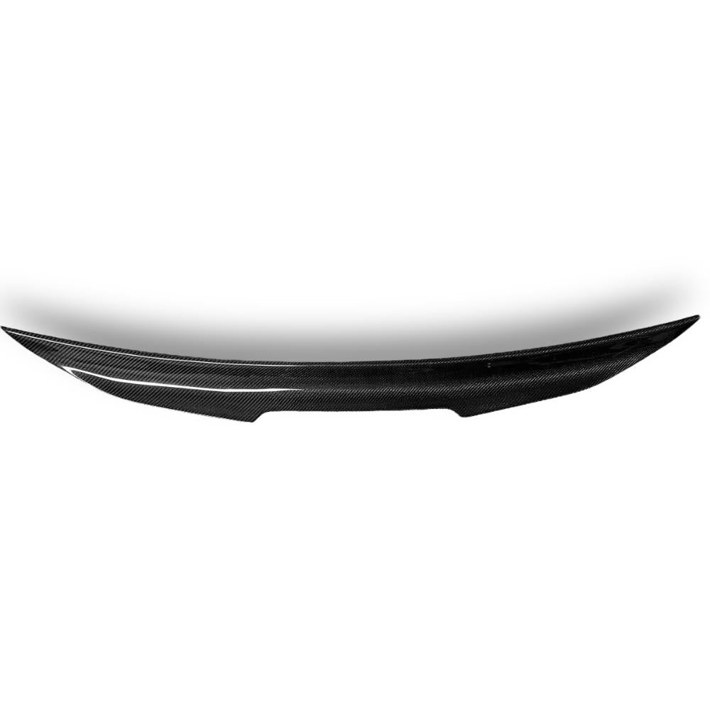 BMW E92 carbon fiber trunk spoiler by Palenon Performance, showcasing a sleek, aerodynamic design on a black vehicle.