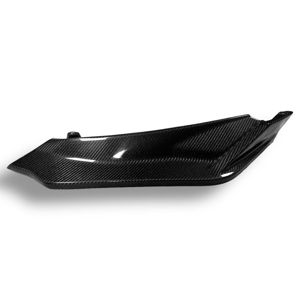 Carbon fiber V Style front lip for BMW G80 M3, G82 M4, G83 M4 by Palenon Performance, shown on vehicle front bumper.