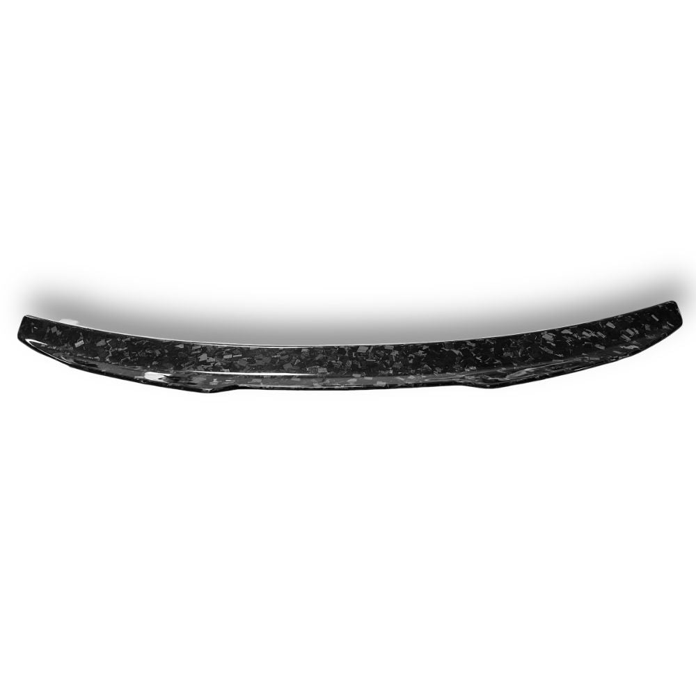 Forged carbon BMW G30 & F90 M5 trunk spoiler by Palenon Performance, showcasing sleek, aerodynamic design on a BMW trunk lid.