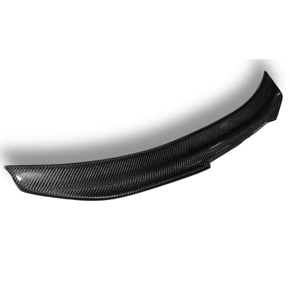 BMW E92 trunk spoiler in carbon fiber with a sleek, aerodynamic design by Palenon Performance, enhancing vehicle sporty look.