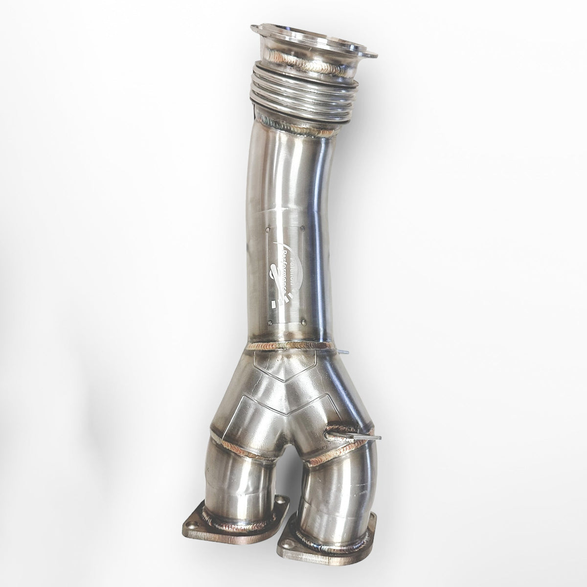 BMW N55 catless downpipe by Palenon Performance for E82 135i, E9X 335i, and E84 X1, showing the polished metal pipe and flanges.